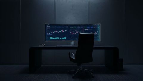 Modern office desk with curved ultrawide monitor displaying financial charts
