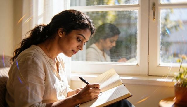 Focused woman journaling by sunlit window with reflection, natural light and indoor plant