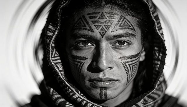 Gazing young man with geometric face paint, woven hooded poncho, concentric ring backdrop