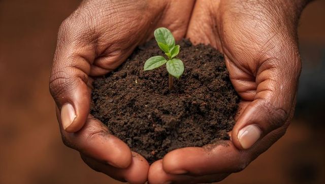 Hands gently holding seedling in soil for environmental growth