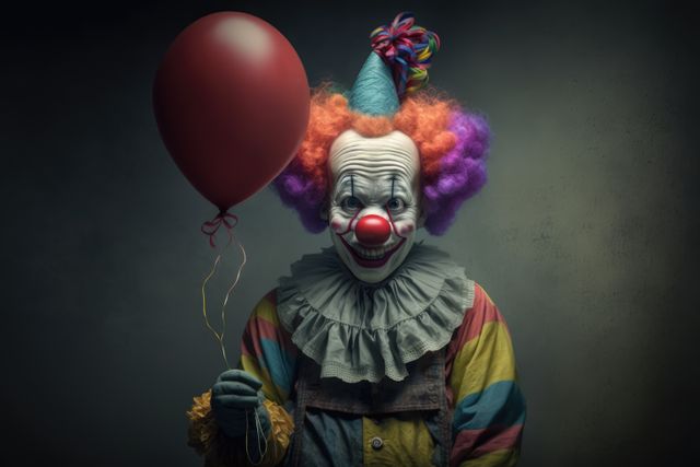 Close up of scary smiling clown with red balloon, created using generative ai technology. Evil clown and scare concept digitally generated image.