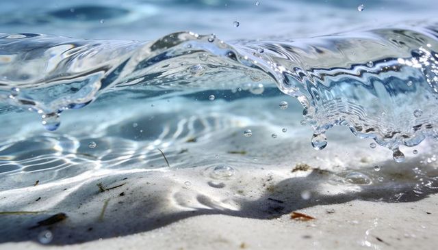 Sunlit curling wave suspending droplets over sand shoreline, turquoise water ripples