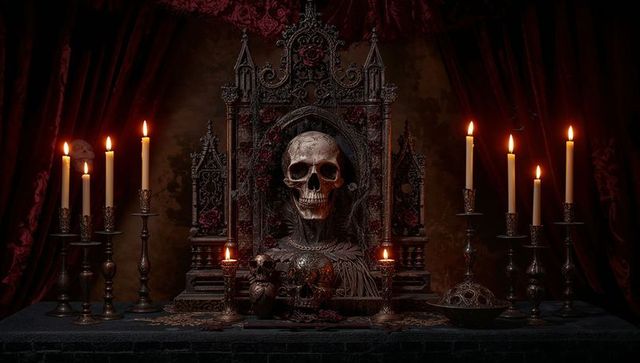 Gothic Skull Enshrined on Iron Throne with Candlelit Aura