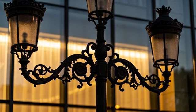 Ornate cast-iron street lamp with three lanterns silhouetted against warm glass facade at dusk