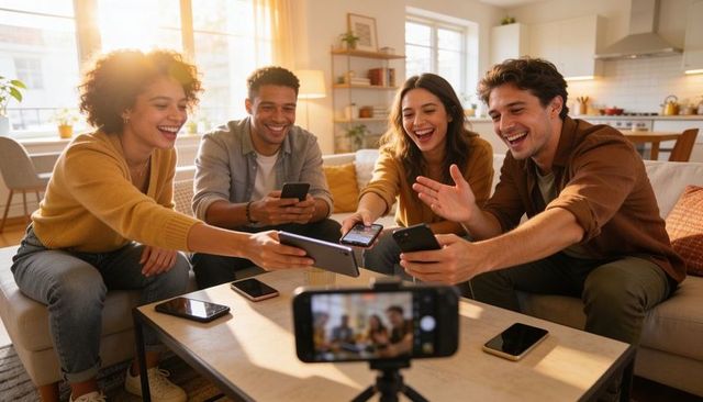 Group of friends recording smartphone livestream on tripod in sunny modern living room