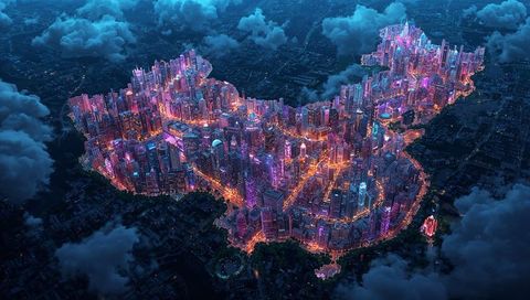 Futuristic neon cityscape shaped like china from aerial view