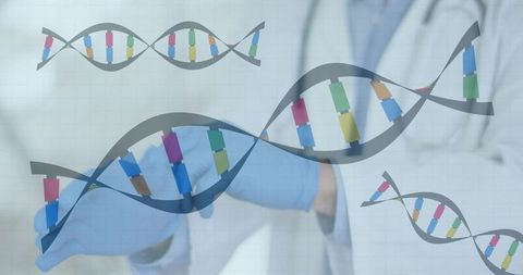 Reaching scientist wearing blue glove, lab coat with dna helix overlay for medical research