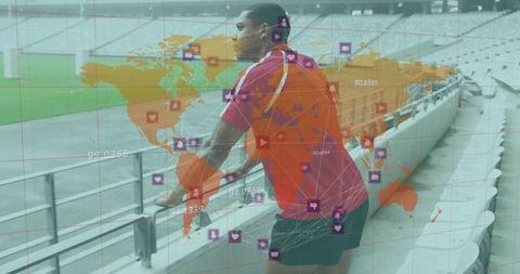 Athlete Contemplating in Stadium with Social Media Network Overlay