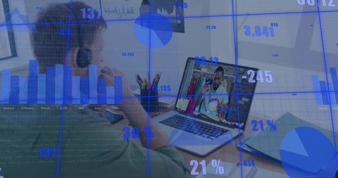 Listening and engaging on video call with analytics overlay, headset laptop home workspace