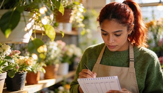 Florist writing inventory notes in sunlit plant shop, business owner organizing stock