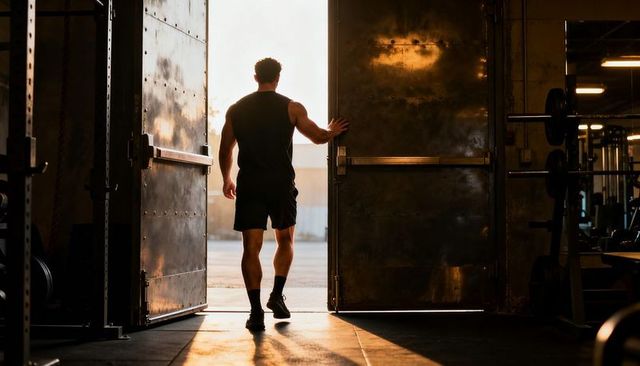 Muscular athlete walking out of warehouse gym at sunset through heavy metal doors
