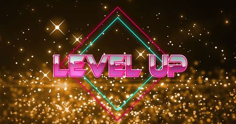 Level Up Neon Banner with Sparkling Lights and Geometric Shapes