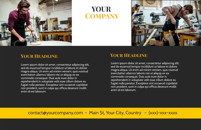 Template portraying craftsman in workshop, highlighting their skill and precision in woodworking. Excellent for small businesses, artisans, and professionals wanting to showcase their expertise and attention to detail. Ideal for flyers, websites, promotional materials, and advertisements focusing on handcrafted work.
