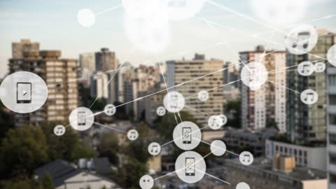 Digital Networks Icons Overlaying Urban Cityscape