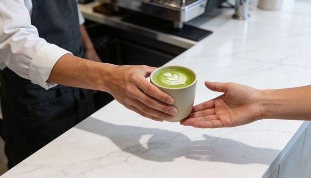Barista handing matcha latte with leaf latte art to customer over white marble countertop