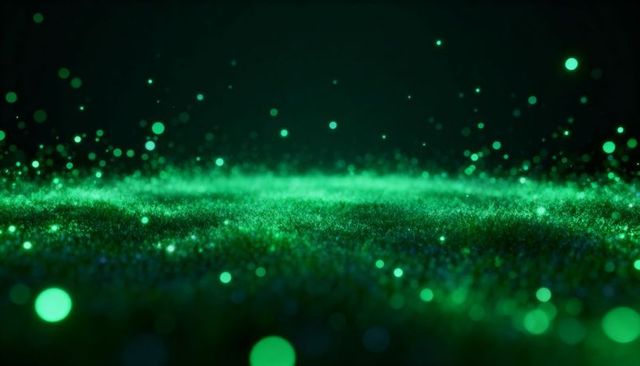 Glowing emerald particle field with bokeh light orbs and sparkling depth background