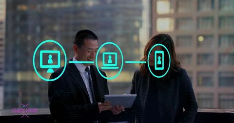 Business professionals reviewing tablet with teal connectivity icons over city skyline