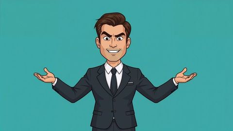 Prosecutor cartoon man in dark suit exuding confidence