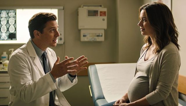 Doctor consulting pregnant woman in clinic discussing prenatal care and scan results