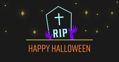 Neon Halloween Tombstone with RIP Message Glowing on Dark Background