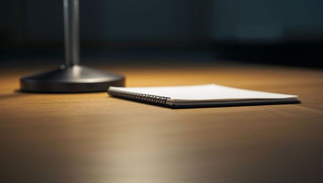Spiral-bound notebook resting on wooden desk under warm lamp glow with moody blank pages