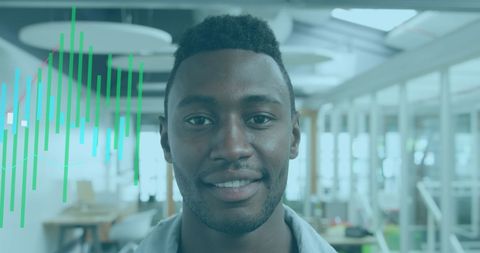 Confident Business Professional Smiling in Office with Graph Overlay