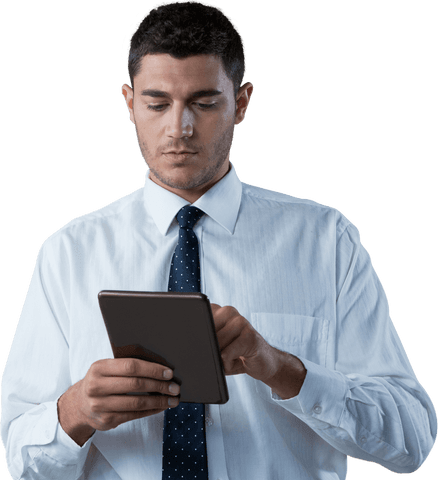 Caucasian businessman using tablet on transparent background