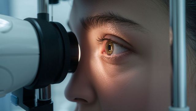 Female patient leaning on chin rest during slit-lamp eye examination, closeup ophthalmology