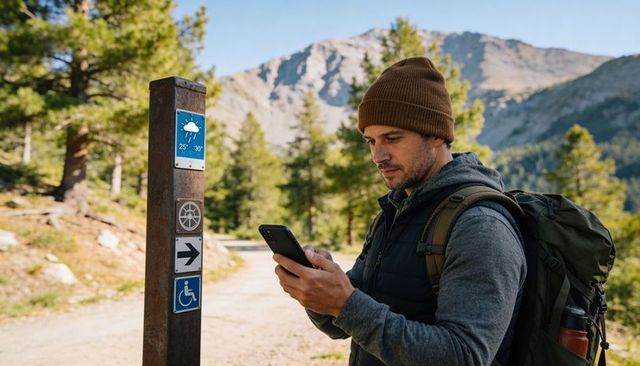 Hiker checking smartphone for trail navigation on mountain path with backpack and beanie