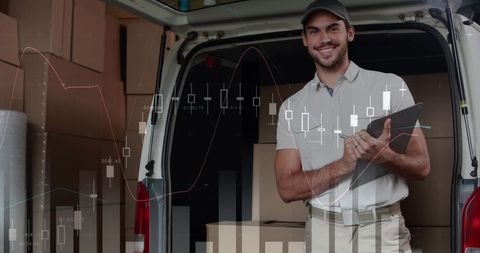Smiling Delivery Man with Data Overlay in Transport Van - Download Free Stock Images Pikwizard.com
