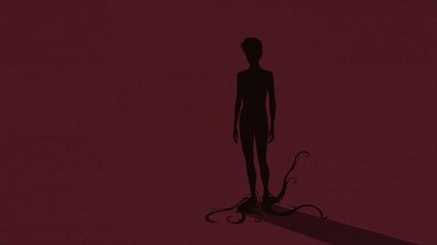 Mysterious Silhouette with Vines and Long Shadow on Red Background