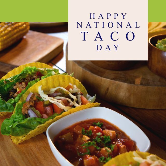 Composition of happy national taco day text with tacos and salsa on table. National taco day and celebration concept digitally generated image.
