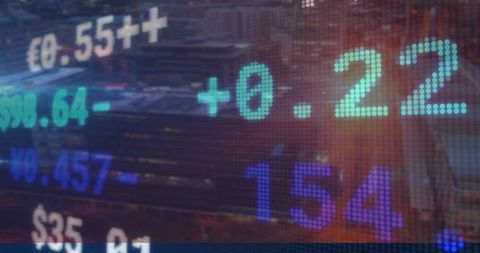 Digital ticker showing financial data over city skyline