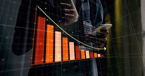 Man holding phone and sandwich tapping, monitoring falling holographic finance bar chart