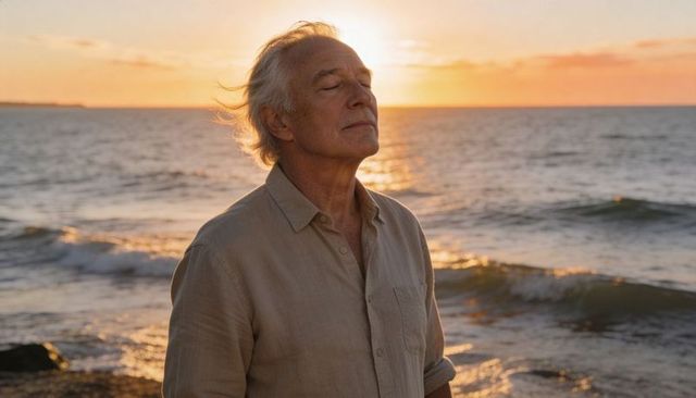 Senior man breathing deeply on rocky coastline at golden hour, peaceful sunset reflection