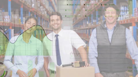 Warehouse Team with Digital Data Overlay in Logistics