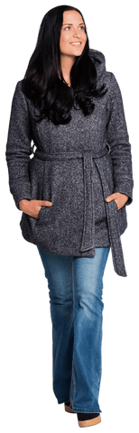 Transparent woman in stylish winter coat looking into distance