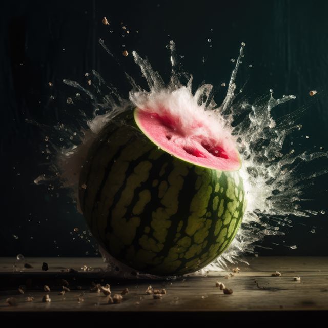 Watermelon captured mid-explosion in a dramatic high-speed photo. This striking image is ideal for use in articles or advertisements related to fruit, food dynamics, disruptive events, high-speed photography, or science documentaries. Perfect for engaging an audience with its unique visual impact.