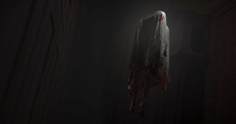 Eerie floating ghost in dark hallway for halloween theme