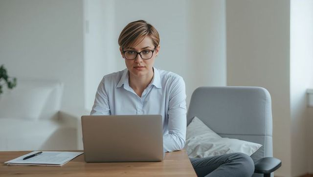 Young professional woman wearing eyeglasses typing on laptop in modern home office