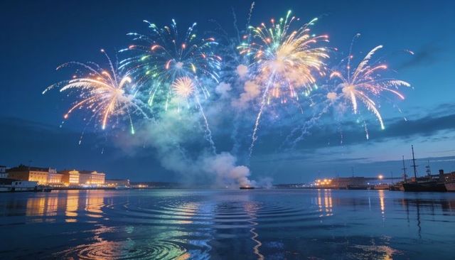 Colorful fireworks over harbor at blue hour reflecting on water with ships, masts, docks, nightscape