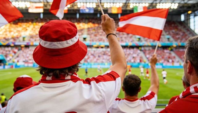Red-and-white football fans waving flags and cheering in packed stadium stands