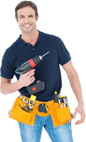 smiling carpenter with transparent background holding drill and tools - Download Free Stock Videos Pikwizard.com