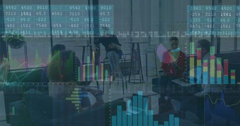 Business Team Analyzing Data Trends with Digital Overlays in Modern Office