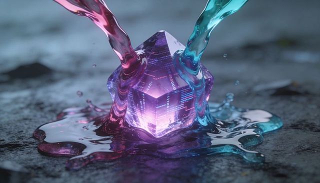 Luminescent crystal cube with neon magenta and teal liquids splashing over circuitry prism