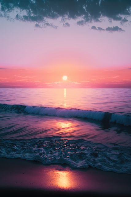 Vibrant colors of sunset reflecting on calm ocean waves, evoking feelings of peace and serenity. Perfect for backgrounds, travel blogs, relaxation content, and nature-inspired designs.