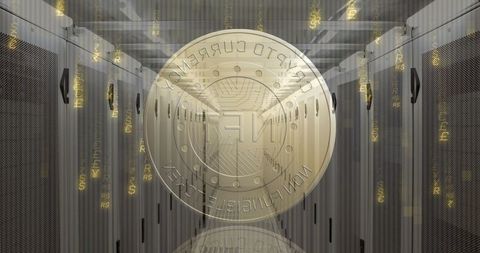 Large nft coin sign over modern server room for digital currency concept