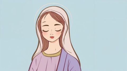 Serene the virgin mary icon with lavender robe and halo on pale blue background