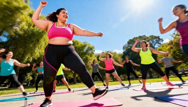 Plus-size woman leading energetic outdoor aerobics class in bright activewear