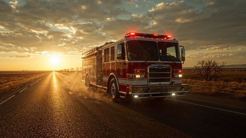 Fire truck racing on rural highway at sunset with flashing lights